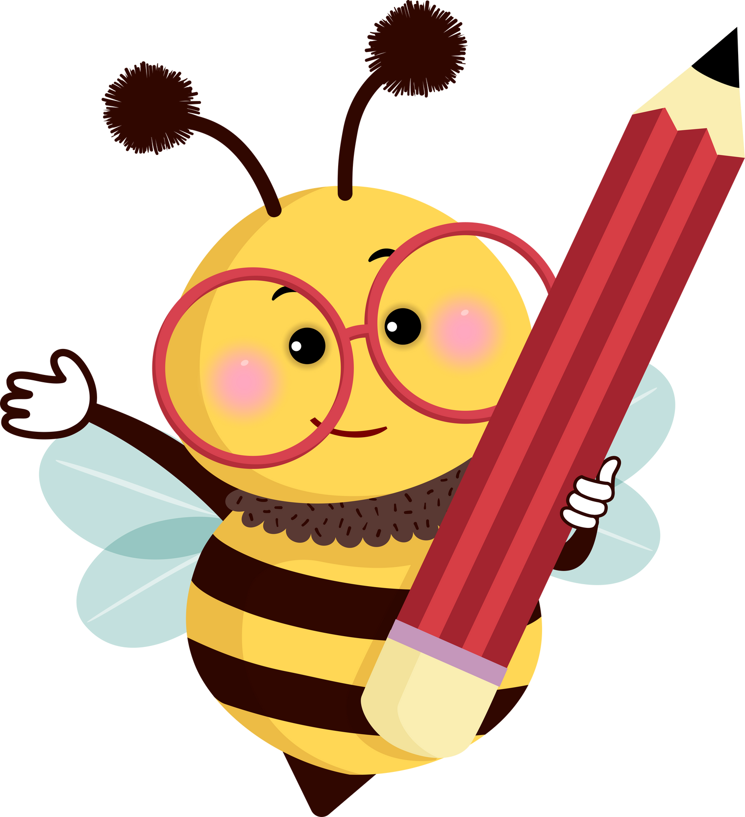 Cartoon bee wearing glasses and holding pencil
